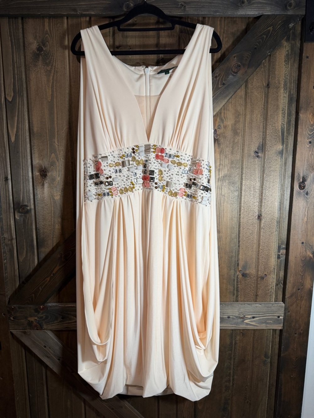 Julian Joyce Cream Embellished Midi Dress with Draped Skirt